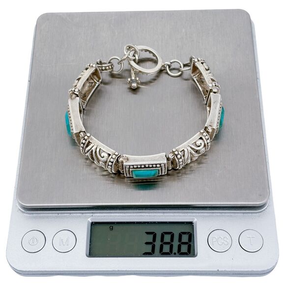 Vintage Sterling Silver 925 Scrollwork Blue Magnesite Link Bracelet 7.25" - Picture 6 of 7